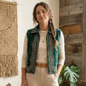 Vintage Paul Harris Design Embroidered Wool Blend Boho Vest L Green India